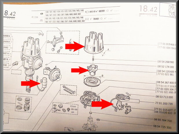 Verdeelkap, Rotor, Contactpunten, Condensator (Ducellier-ontsteking)