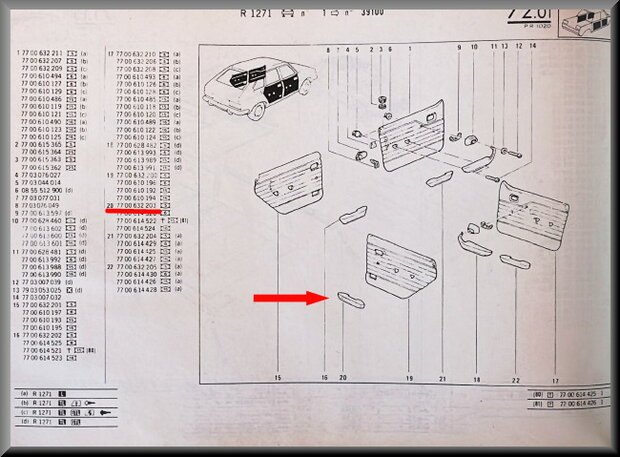 R20-30: Armleuning rechts achter portier (zwart) (New Old Stock).